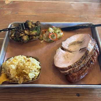 Truth BBQ - 2 Meat plate -turkey, sausage, tater tot casserole and Brussels sprouts - Barbeque Near Me - Houston, Texas