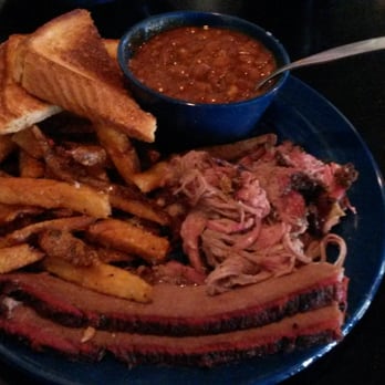 Mojo Old City BBQ - Two meat combo (mine with pulled pork shoulder and beef brisket), bbq pit beans, fries, and garlic toast. - Barbeque Near Me - St. Augustine, Florida
