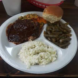 Linwood Restaurant - Delicious hamburger steak with green beans,  coleslaw,  broccoli casserole and roll.