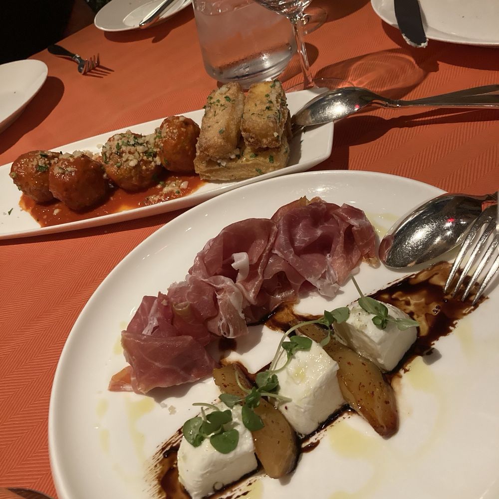 Sinatra - Prosciutto with pears and mozzarella, meatballs with polenta fries. - Italian Near Me - Las Vegas, Nevada Sinatra - Prosciutto with pears and mozzarella, meatballs with polenta fries. - Italian Near Me - Las Vegas, Nevada
