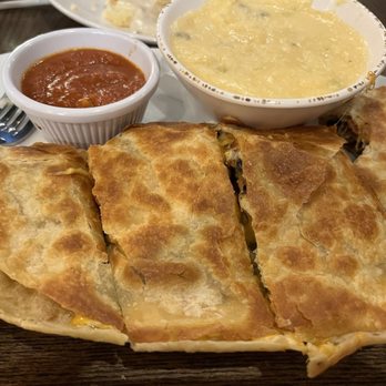 Red Oak Cafe - Breakfast quesadilla with jalapeno grits - Breakfast & Brunch Near Me - League City, Texas