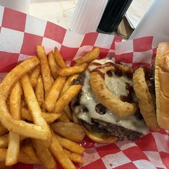 The Vault - The nest burger with Swiss cheese instead of cheddar. Also included onion rings on top. - Wine Bars Near Me - Mascoutah, Illinois The Vault - The nest burger with Swiss cheese instead of cheddar. Also included onion rings on top. - Wine Bars Near Me - Mascoutah, Illinois