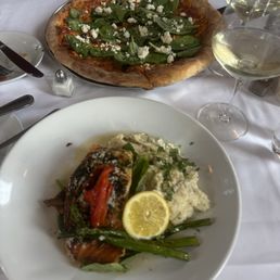 Salmon special and Greek pizza