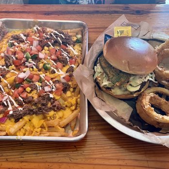 Spechts Texas - Brisket Fries and The Spicy Spechts Burger with Substitution Onion Rings - American Near Me - San Antonio, Texas