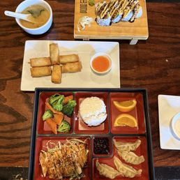 Chicken Bento Box, Spring Rolls, shrimp tempura roll, Miso Soup Chicken Bento Box, Spring Rolls, shrimp tempura roll, Miso Soup