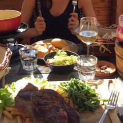 La Table à Raclette - Three cheese fondue with potatoes/bread and steak with French fries and green beans