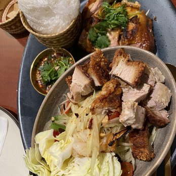 Golden Spoon - BBQ Chicken Combo with pork belly ($7 extra). Pork belly was over cooked and slightly burnt - Thai Near Me - Manteca, California