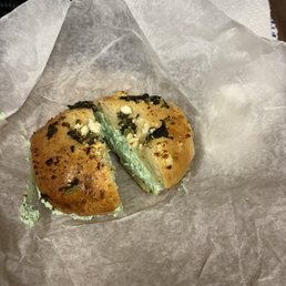 Spinach and feta bagel with chive cream cheese Spinach and feta bagel with chive cream cheese