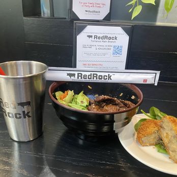 Red Rock - 6-oz Kobe Harami steak bowl and a potato beef croquette split in half and shared - Japanese Near Me - Arcadia, California
