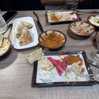 Rola's Kitchen Mediterranean Grill - Rola's Maza with Muhammara, hummus, Baba Ghanoush and Labneh with pita bread - Mediterranean Near Me - Wood-ridge, New Jersey
