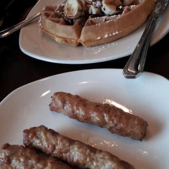 Blueberry Hill Breakfast Cafe - Chunky Monkey waffle & side of sausage links - Breakfast & Brunch Near Me - Oak Brook, Illinois