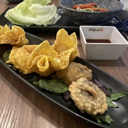 Mushroom tempura and deep fried shrimp dumplings