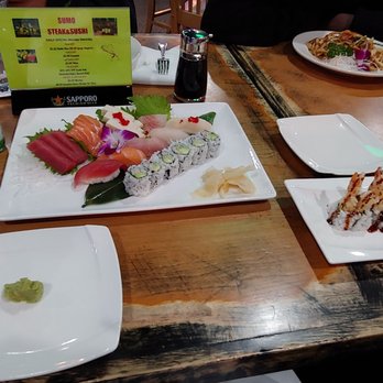 SUMO Steak & Sushi - Our meal: Sushi/shashimi combo, shrimp tempura roll, chicken yaki udon, shrimp yaki soba and shrimp chahan (off frame) - Japanese Near Me - Macon, Georgia SUMO Steak & Sushi - Our meal: Sushi/shashimi combo, shrimp tempura roll, chicken yaki udon, shrimp yaki soba and shrimp chahan (off frame) - Japanese Near Me - Macon, Georgia