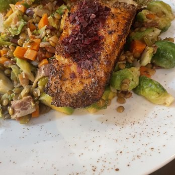 Thyme Kitchen and Craft Beer - Lacquered Salmon pan, seared with sautéed brussels sprouts and lentils - Gastropubs Near Me - Peoria, Illinois Thyme Kitchen and Craft Beer - Lacquered Salmon pan, seared with sautéed brussels sprouts and lentils - Gastropubs Near Me - Peoria, Illinois