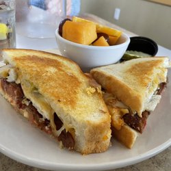 Scramblers - Chicken and jalapeño pimento grilled cheese sandwich special.