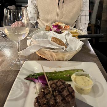 Steve's Steakhouse - Filet Mignon 6 oz. with Sautéed Jumbo Asparagus, Lobster Tail and Filet Mignon 6 oz. sourdough bread basket - Steakhouses Near Me - Avalon, California