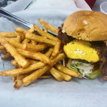 Runaway Train Cafe - Cheeseburger with Jalapeño bacon and fries. - Diners Near Me - Brownwood, Texas