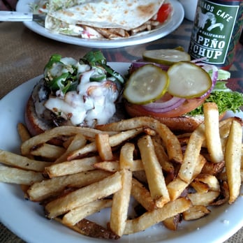 Crossroads Cafe - Burger with roasted jalapenos, mushrooms and swiss.  Chicken Quesadilla with avacado. - Cafes Near Me - Joshua Tree, California