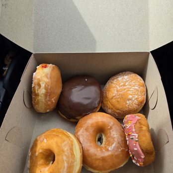 Dad's Donuts & Bakery - 2 glaze donuts, pink icing with sprinkles classic, Boston creme, blueberry jelly filling and raspberry filling - Donuts Near Me - Burbank, California