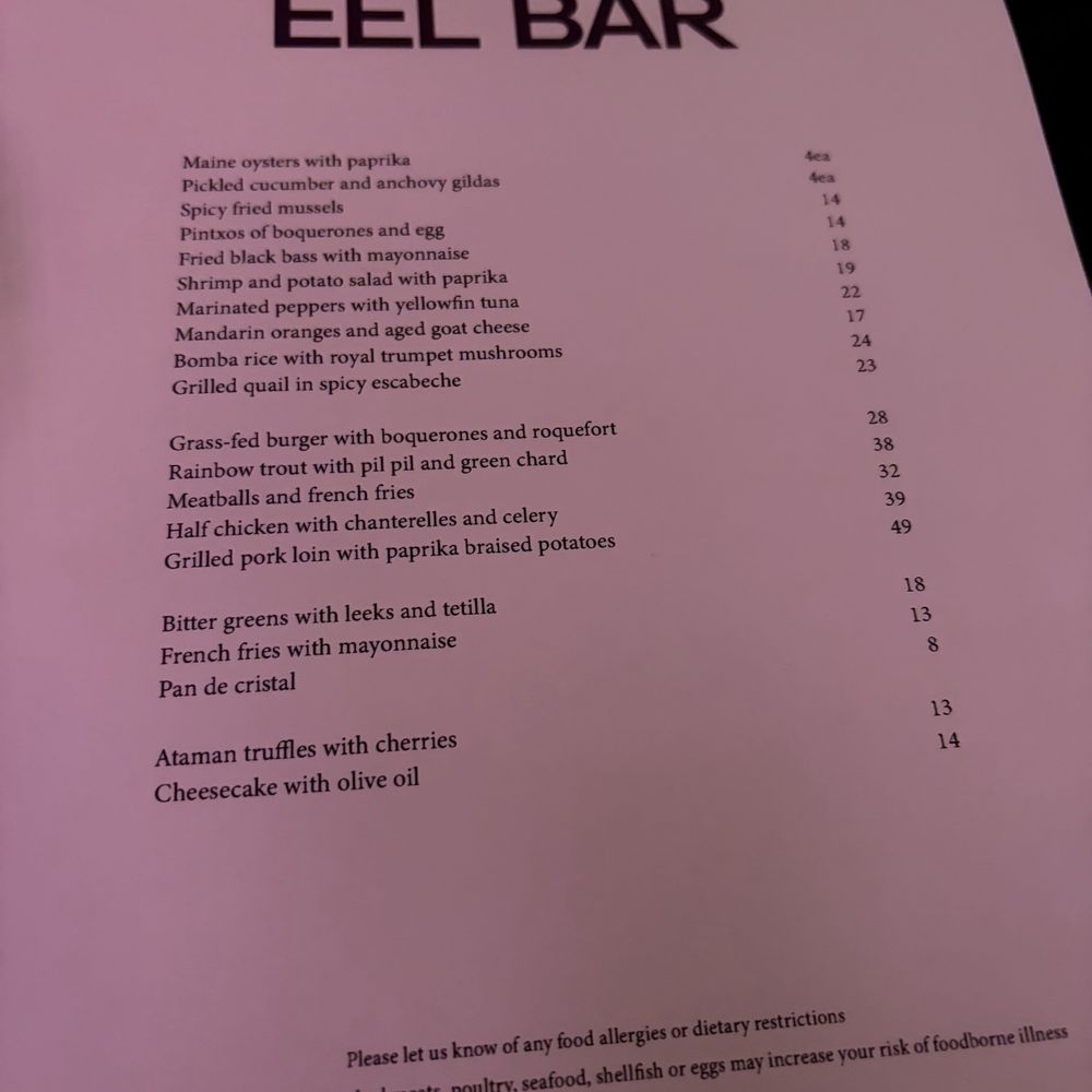 Eel Bar - Menu (12/20/2025) - Basque Near Me - New York, New York