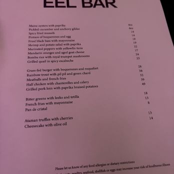 Eel Bar - Menu (12/20/2025) - Bars Near Me - New York, New York