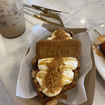 Cafe Ganadara - croffle with Biscoff topping & Dalgona coffee - Korean Near Me - St. Louis, Missouri