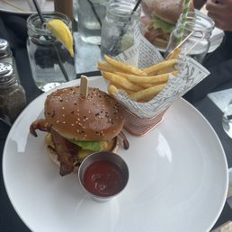 a burger and fries on a plate a burger and fries on a plate