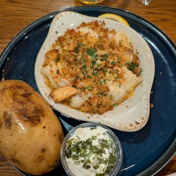Marblehead Chowder House - Baked cod dish with baked potato - Seafood Near Me - Easton, Pennsylvania Marblehead Chowder House - Baked cod dish with baked potato - Seafood Near Me - Easton, Pennsylvania
