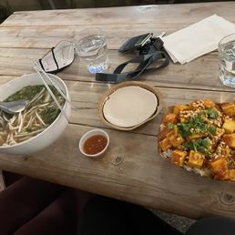 Tofu Com, pho, and rose lychee cheesecake