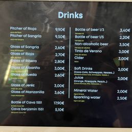 Drink menu Drink menu