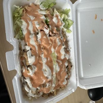 Mediterranean Combo - Chicken over Rice Platter with pink sauce, amazing - Mediterranean Near Me - Syracuse, New York