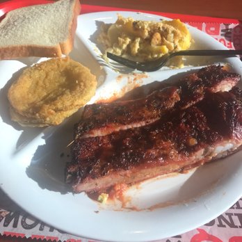 Full Moon BBQ - Center cut ribs (minus 2 that fell off the bones into my mouth), squash casserole and fried green tomatoes - Barbeque Near Me - Hoover, Alabama Full Moon BBQ - Center cut ribs (minus 2 that fell off the bones into my mouth), squash casserole and fried green tomatoes - Barbeque Near Me - Hoover, Alabama