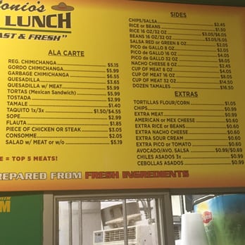 Antonio's Quick Lunch - Menu side 1 - Mexican Near Me - Olivehurst, California