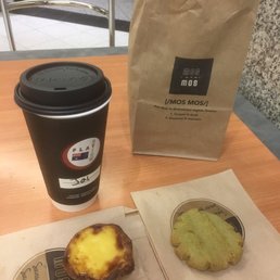 Flat white, egg tart and matcha cookie Flat white, egg tart and matcha cookie