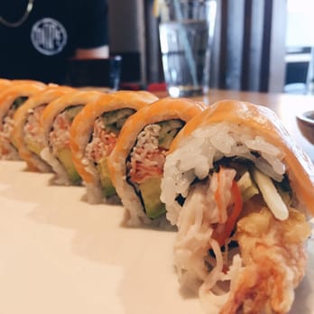 Washoku Bistro - Red dragon: shrimp tempura, crabmeat, cucumber, avocado, and fresh salmon $16.90 - Japanese Near Me - Edmonton, Alberta Washoku Bistro - Red dragon: shrimp tempura, crabmeat, cucumber, avocado, and fresh salmon $16.90 - Japanese Near Me - Edmonton, Alberta