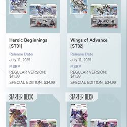 Through the Decades Sports Cards & Gaming - A screenshot of the official web store for the Gundam trading card game, with all Special Edition starter decks listed at the MSRP of $34.99