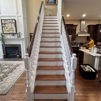 Proud Properties - Fresh look on an old staircase! Took out the carpet. Color matched stain,installed new hardwood treads and hardwood landing and the top. - Handyman Near Me Proud Properties - Fresh look on an old staircase! Took out the carpet. Color matched stain,installed new hardwood treads and hardwood landing and the top. - Handyman Near Me
