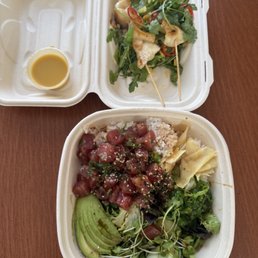 Japanese Wasabi Original Ahi Poke Bowl (Front), Chilean Sea Bass Skewers (Back) Japanese Wasabi Original Ahi Poke Bowl (Front), Chilean Sea Bass Skewers (Back)