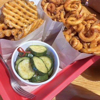 Gami Burger - Waffle fries, curly fries and a side of pickles - Burgers Near Me - Sacramento, California Gami Burger - Waffle fries, curly fries and a side of pickles - Burgers Near Me - Sacramento, California