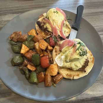 Salt & Pepper - Carnitas eggs benedict with house potatoes - Breakfast & Brunch Near Me - Prescott Valley, Arizona