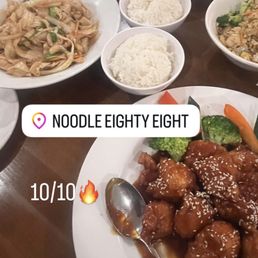 Sesame chicken, shrimp lomein, fried rice, broccoli in sesame sauce