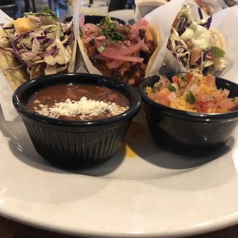 Cocina Madrigal - Fish, al pastor, and shrimp tacos (from left to right) with beans and rice. - Tacos Near Me - Phoenix, Arizona Cocina Madrigal - Fish, al pastor, and shrimp tacos (from left to right) with beans and rice. - Tacos Near Me - Phoenix, Arizona