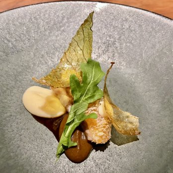 n/naka - Yakimono - Amadai, Celeriac Puree, Tomatillo + Black Garlic, Ponzu, Cabbage Glass Chips - Japanese Near Me - Los Angeles, California n/naka - Yakimono - Amadai, Celeriac Puree, Tomatillo + Black Garlic, Ponzu, Cabbage Glass Chips - Japanese Near Me - Los Angeles, California