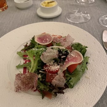 PY Steakhouse - Mixed greens, turnip chicharron, watermelon, beet purée topped with Parmesan. - Steakhouses Near Me - Tucson, Arizona