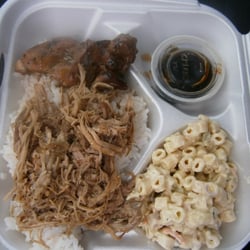 Tu-Tu's Lunch Wagon - Close-up of the combo platter (Kahlua pork & teriyaki chicken over rice with a side of mac salad $9) .