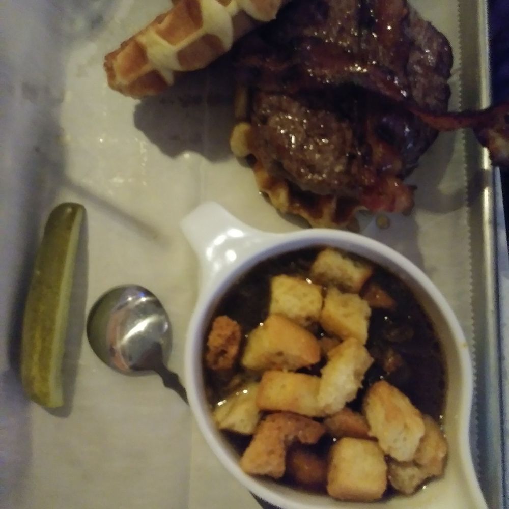 Bourbon's Kitchen - Waffle steak burger w/side of French onion soup - Bars Near Me - Middletown, Ohio Bourbon's Kitchen - Waffle steak burger w/side of French onion soup - Bars Near Me - Middletown, Ohio