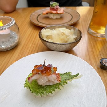 Sushi Ishikawa - Botan ebi on tempura shiso leaf - Sushi Bars Near Me - New York, New York Sushi Ishikawa - Botan ebi on tempura shiso leaf - Sushi Bars Near Me - New York, New York