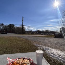 Little Mountain Eatery - This is the blackened chicken with Cajun fries, and the beautiful outside view. Plenty of seating inside and out.