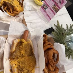 Chili cheese dog, chili cheese fries, onion rings
