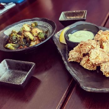 Moon Tree Sushi And Tapas - Chicken Karaage and Brussel sprouts with bacon - Sushi Bars Near Me - Seattle, Washington Moon Tree Sushi And Tapas - Chicken Karaage and Brussel sprouts with bacon - Sushi Bars Near Me - Seattle, Washington